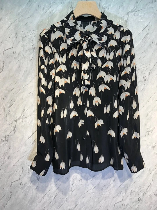 Ранняя осень женский воротник узел галстука с отворотом печать длинный рукав рубашка 825