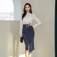 2019 autumn new Korean version of the deerskin slender professional female lace suit Knee-Length  Solid  Office Lady