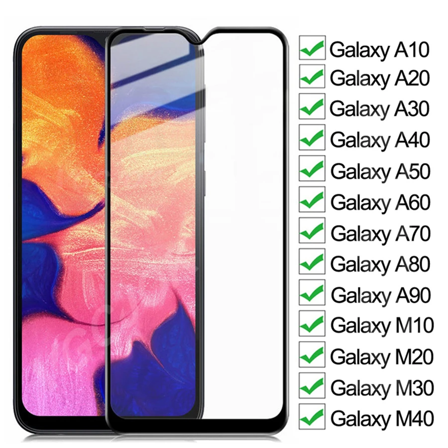 9D completa de vidrio templado para Samsung Galaxy A10 A20 A30 A40 A50 A60 A70 Protector de pantalla A80 A90 M10 M20 M30 M40 Glas película
