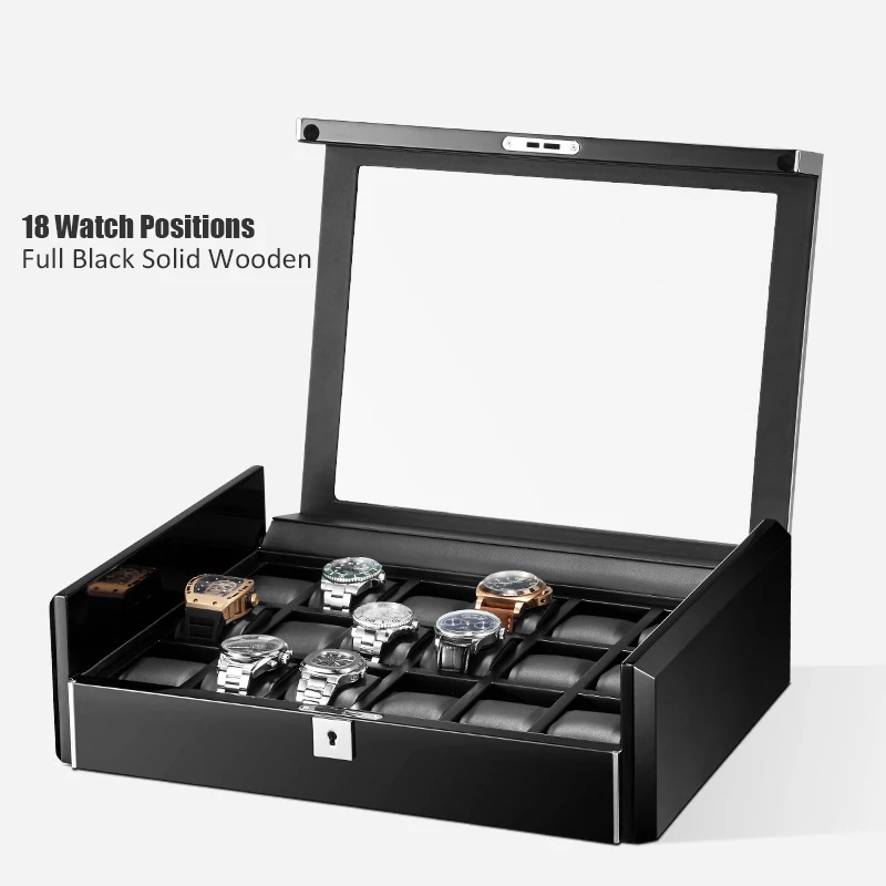 Роскошный черный деревянный ящик аксессуары для часов Дисплей Коробка для хранения Лидирующий бренд наручные часы 6 12 18 сетки Органайзер коробка Окно чехол для мужчин
