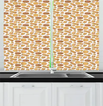 

Coral Pale Green Pancake Kitchen Curtains Breakfast Pattern with Condiments Holiday Theme for Kitchen Cafe Decor