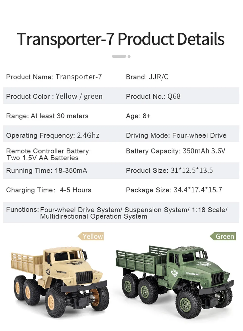 Радиоуправляемый грузовик Q68 Q69 1/18 RC грузовик 2,4G 6WD диск внедорожный гусеничный военный грузовик автомобиль Детский подарок Детская Нескользящая уличная игрушка подарок