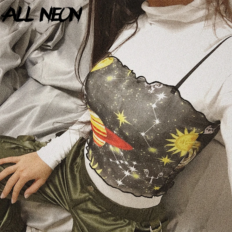 

ALLNeon Spaghetti Strap Tops Star Print Transparent Mesh Cropped Tops Fashion Summer Tops Skinny E girl Tank Tops Ruffles Camis