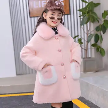 

2020 Autumn Winter Girls Thick Woolen Jackets Kids Solid Casual Warm Coats Children Faux Fur Collar Wool Outwear For Girls K169