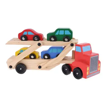 

Baby Kids Wooden Simulation Educational Toys Children Double-deck Trailer Car Transporter Toy Set