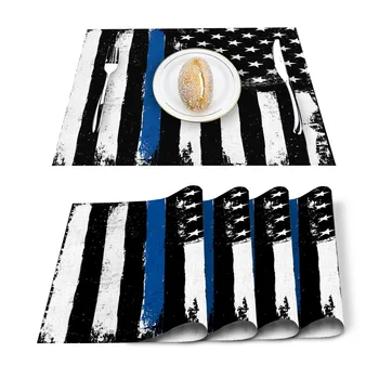 

American Flag Blue Black Placemat Washable Cotton Linen Table Cloth Pad Mat Rectangle Placemats Heat Resistant