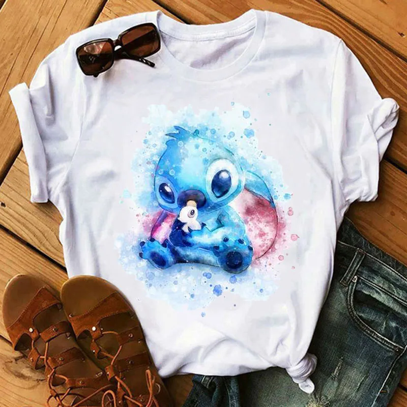 WT0432-White BONJEAN Lilo Stitch Harajuku Kawaii, женские футболки, модная футболка с милым мультяшным принтом, Женские повседневные топы, футболки - Цвет: WT0432-White