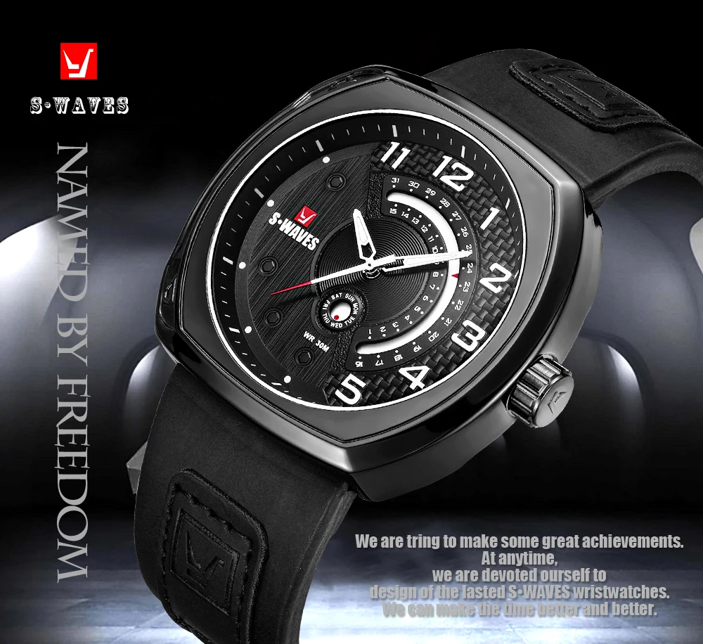 SWAVES Unique Casual Relogio Masculino Leather Band Quartz Clock Men Watch Week Date Fashion Waterproof Military Wristwatch Mens | Наручные