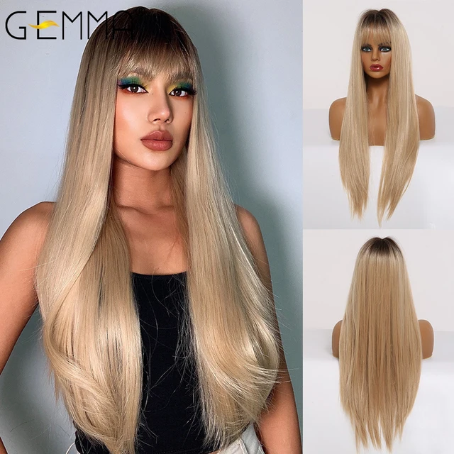 GEMMA Red Brown Copper Ginger Long Straight Synthetic Wigs for Women Natural Wave Wigs with Bangs Heat Resistant Cosplay Hair LC288-1
