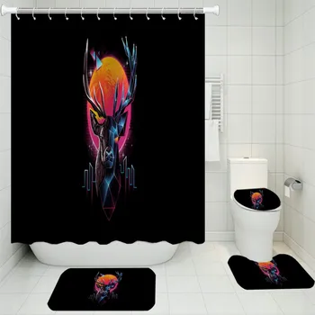 

3D Printing Cartoon Elk Shower Curtain Set Toilet Mat Shower Curtain Anti-slip Mat Bathroom Set High Quality Shower Curtain Set