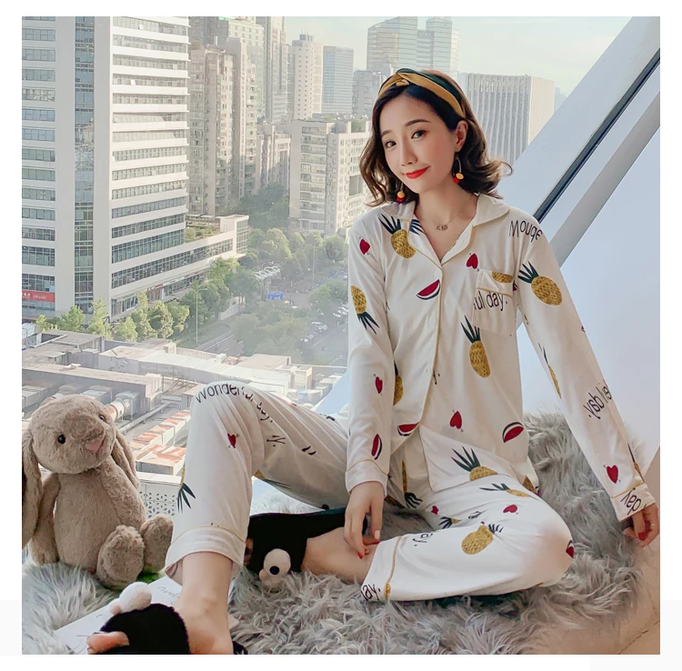 New Womens Print Pajamas Pyjamas Set Long Sleeve Sleepwear Pijama Pajamas Suit Female Sleep Two Piece Set Loungewear