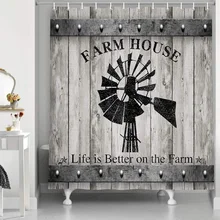 

Rustic Barn Wood Farmhouse Shower Curtain, Southwestern Decor Windmill on Woodern Barn Door Bath Curtains, Fabric Bathroom Set