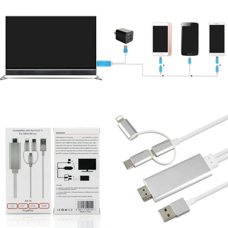 USB к HDMI зеркальный литой кабель с аудио MHL для iPhone iPad освещение Android телефон к светодиодный ТВ Micro usb type C к HDMI