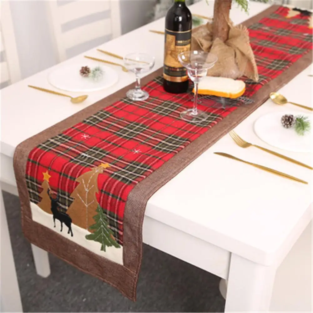 

Christmas Table Runner Decorative Embroidered Elk Small Tree Tablecloth For Christmas Decorations