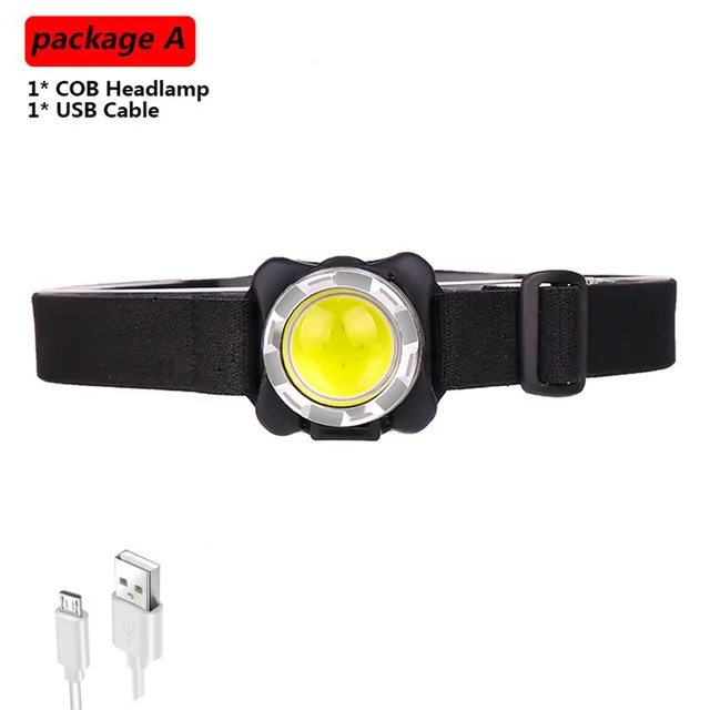 Package A Brightest Headlamp USB Headlight COB LED Head Lamp Rechargeable Head Light Waterproof with Built-in Battery White Red Lighting - Испускаемый цвет: Package A