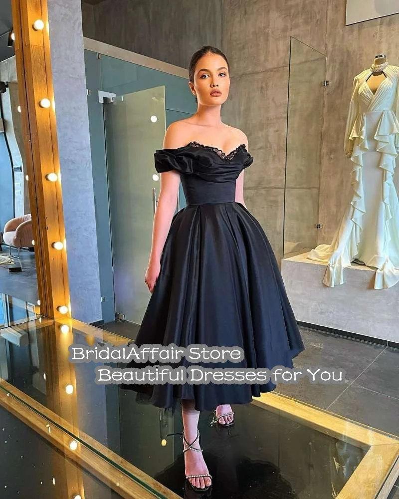 BridalAffair Ball Gown Prom Dresses Off Shoulder Black Satin Vintage Graduation Celebrity Dress A-Line Tea Length Party Gowns satin prom dress