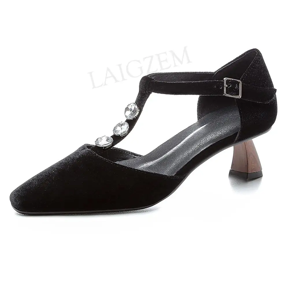 

LAIGZEM Women Sandals Velvet T Straps Rhinestone Strange Style Heels Ladies Sandals Shoes Woman Prom Party Sapato Size 33 38 40