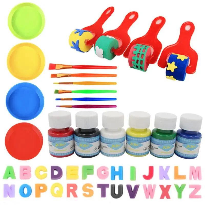

46Pcs/Set DIY Graffiti Plastic Handle Roller Sponge Brush Letter Seal Painting Tools Children Educational Drawing Toys