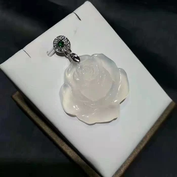 

Koraba 925 Silver Chain White Jade Rose Flower Women Pendnat Gemstone Necklace