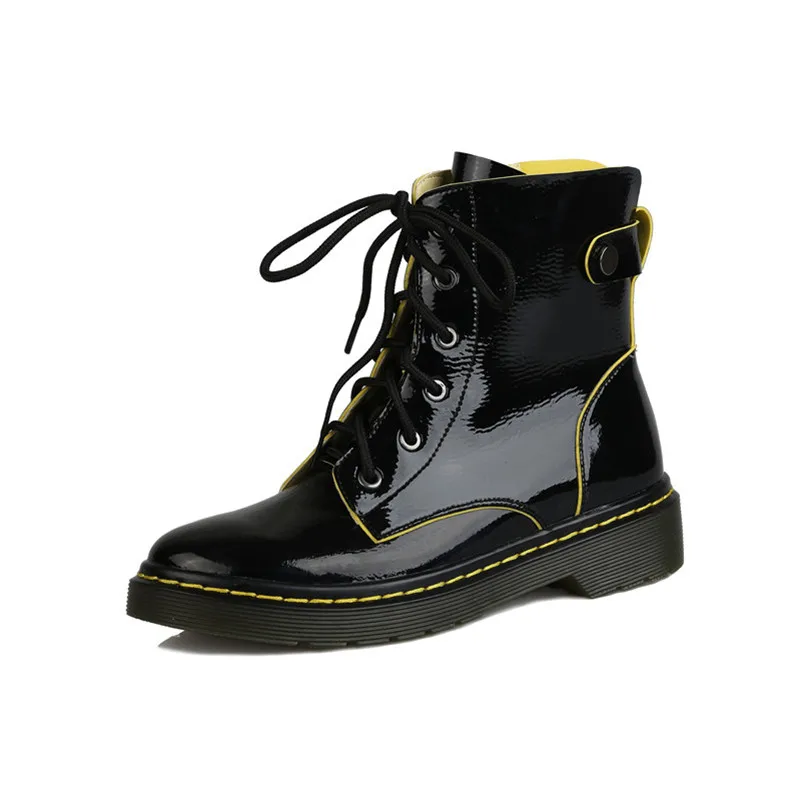 FEDONAS Patent Leather Women Casual Ankle Boots Cross-tied Autumn Winter Keep Warm Short Boots Basic New Fashion Shoes Woman - Цвет: Черный