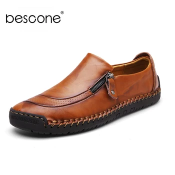

BESCONE Fashion Men's Casual Shoes Sewing Zipper Decoration High Quality Cow Leather Slip-On Shoes Comfortable Casual Shoes BD8