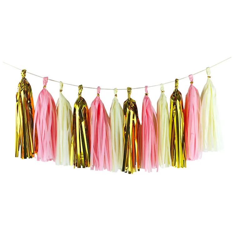 3Packs(15Pcs) 12*35cm Pink Gold Tissue Paper Tassels Hanging Garland Banners Baby Shower DIY Craft Birthday Wedding Decoration - Цвет: PinkBeigeGold