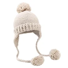 Вязаная шапка в стиле ретро с помпон, Шапка-бини, модная женская зимняя вязаная шапка, 3 шаровых воротника, плотная теплая однотонная шапка с наушниками