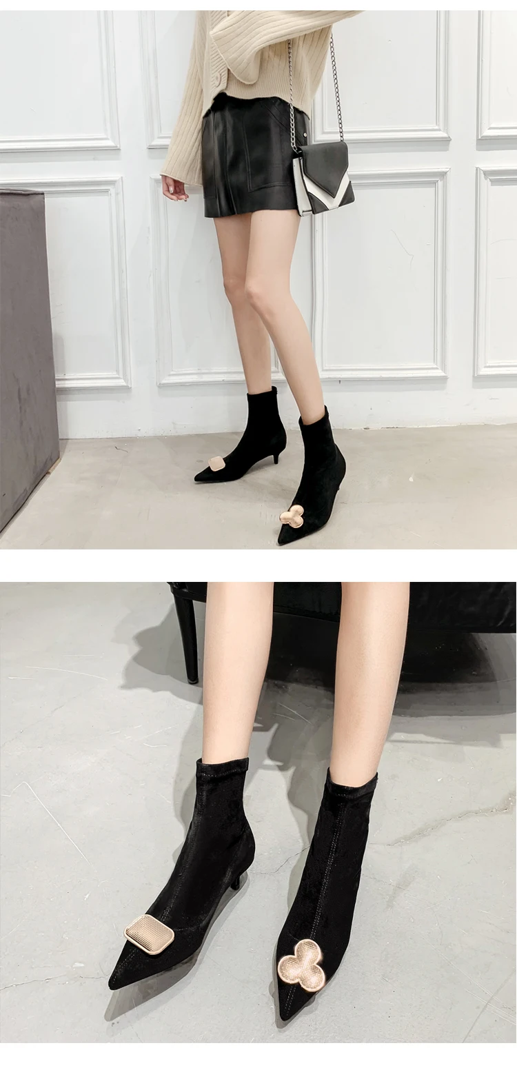 Aneikeh/ г. Милые женские ботинки из флока пикантные ботильоны с острым носком на тонком высоком каблуке с металлическим цветком Свадебные черные Размеры 35-39