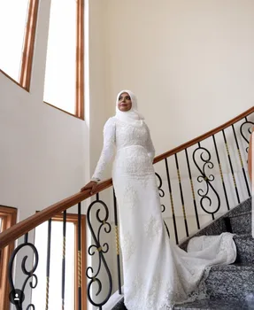 

Vestido De Noiva 2019 Plus Size Long Sleeve Mermaid Lace Beaded Luxury Muslim Wedding dress long Saudi Arabic Bridal gown