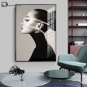 

Black White Neon Fashion Girl Poster Minimalist Canvas Print Beauty Female Wall Art Painting Creative Picture Modern Home Decor