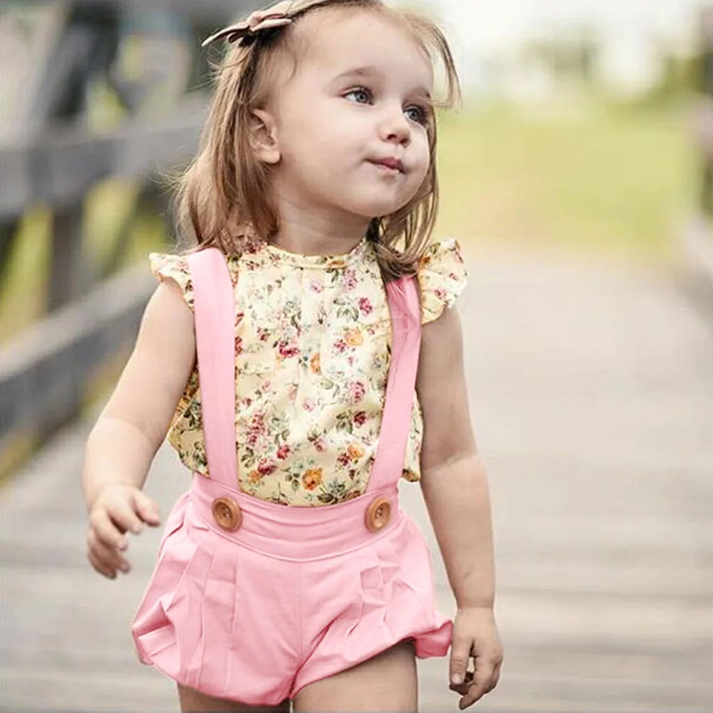 Weiyun Toddler Baby Girls Long Sleeve Floral Tops+Solid Overalls Pants Clothes Outfits
