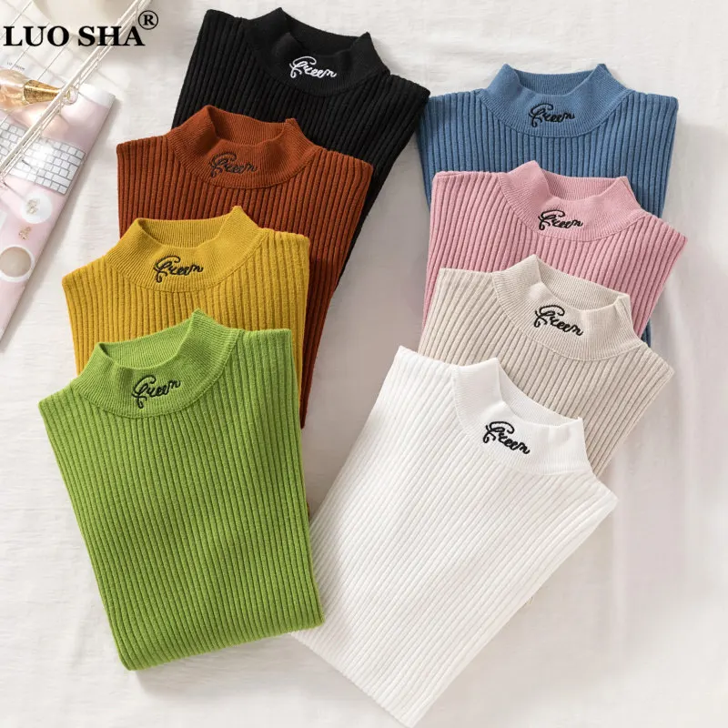 

LUOSHA Autumn winter Letter Women Knitted Turtleneck Sweater Bottom Soft Jumper Slim Femme Elasticity Pullovers Sueter Feminino