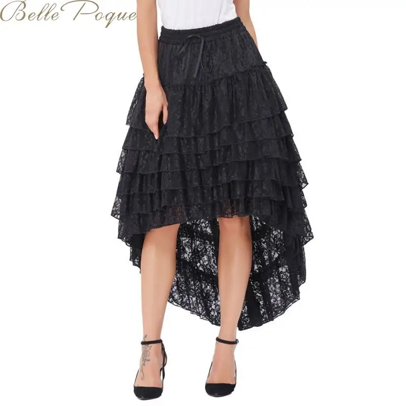 Belle Poque, Черная Женская юбка на шнуровке, асимметричная, стимпанк, Ретро стиль, панк стиль, юбки для женщин, высокая ширина, элегантная открытая юбка