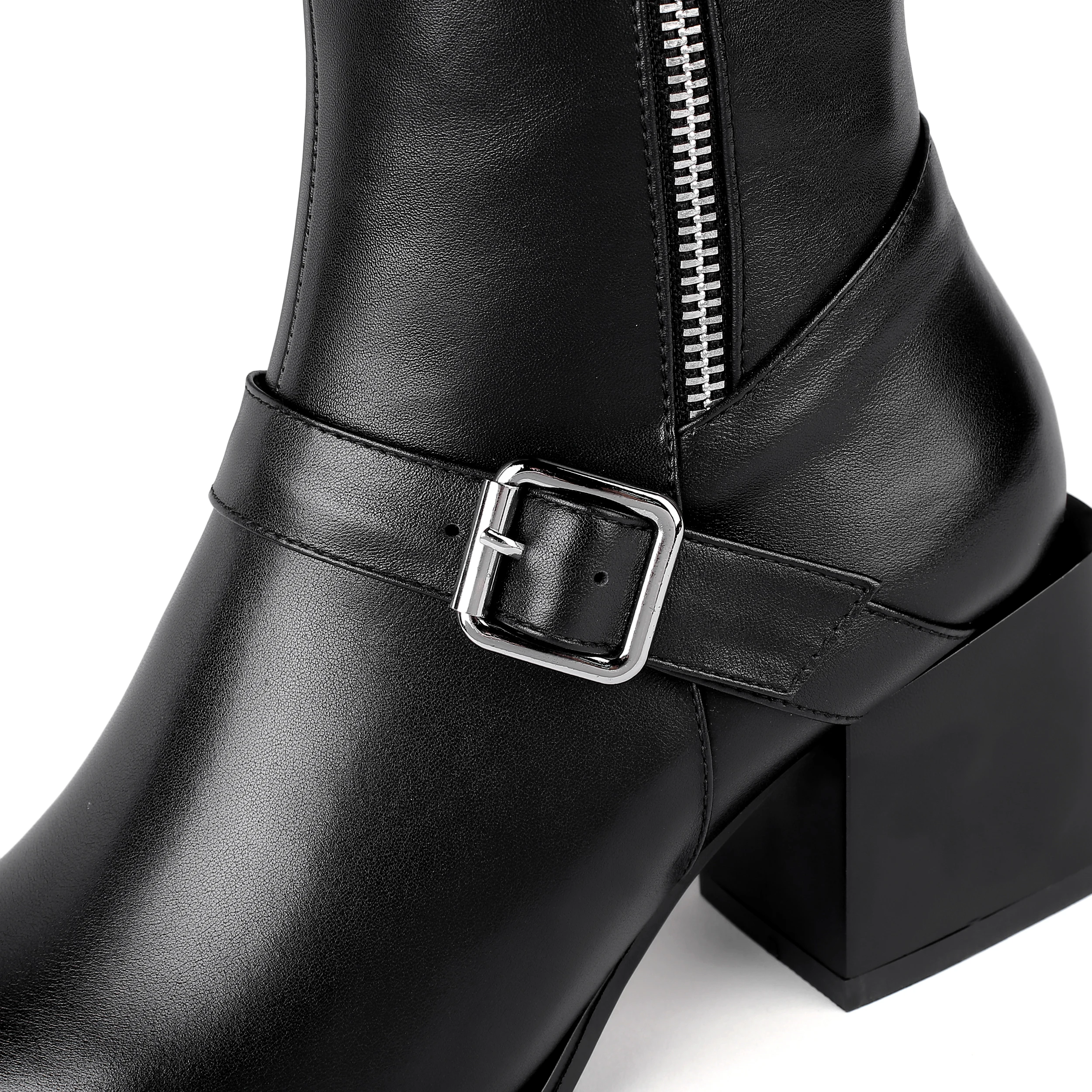 Plus size 42 women's genuine leather thick high heel winter knee high boots double zip ankle buckle pointed toe long boots shoes