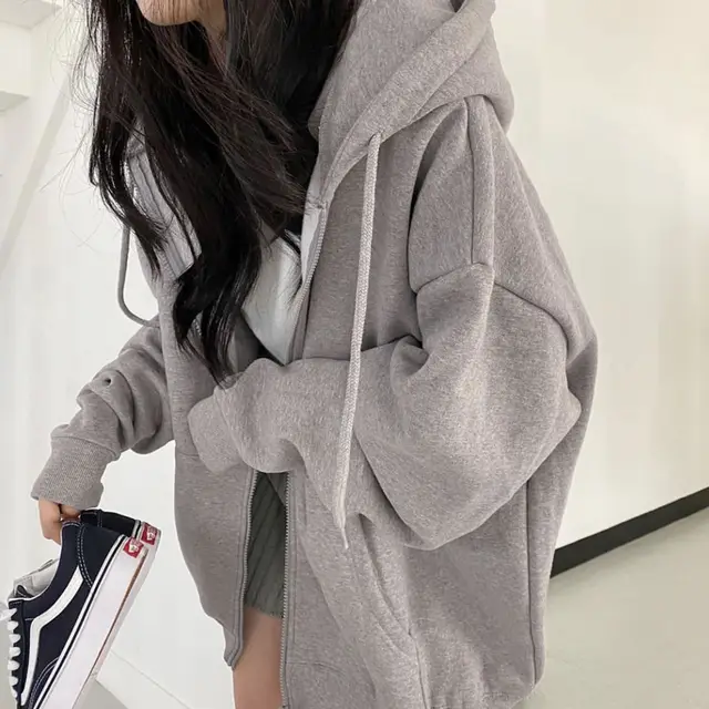 Women Korean Version Loose Hoodies Long Sleeve Zip Up Solid Pocket Oversized Sweatshirts Female Thin Harajuku