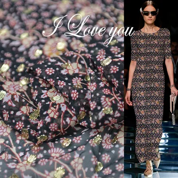 

100cm*135cm Retro Floral silk gauze gold brocade mulberry silk georgette chiffon black