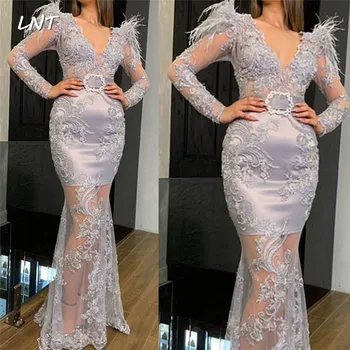 

Long Sleeves Silver Sheath Evening Gown with Feather Appliqued Pageant Dress Custom