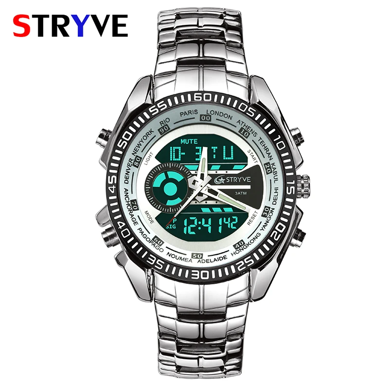 

STRYVE Men Sports Digital Watches Dual Display Led Analog Military Big Dial Clock Count Down Waterproof Stainless Steel Horloges