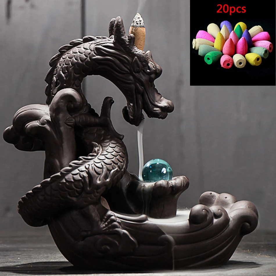 

new Ceramic Backflow Incense Burner Creative Home Decor Dragon Holder Censer With Crystal Ball give away 20Pcs Cones