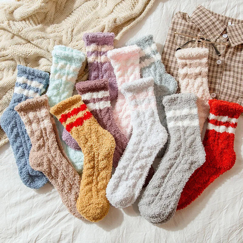 

12 Pairs/set Parallel Bars Women's Middle Tube Socks Coral Plush Warm Floor Socks Home Socks Cute Women Socks Wholesale