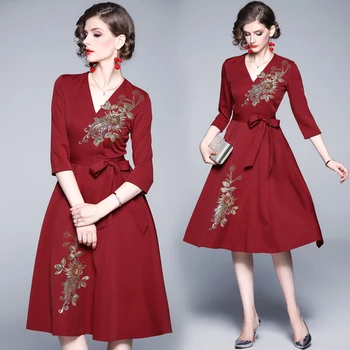 

womens red gold embroidery Embroidered dress clothes runway Elegant v-neck 3/4 sleeves slim party A-Line Skater Swing dresses