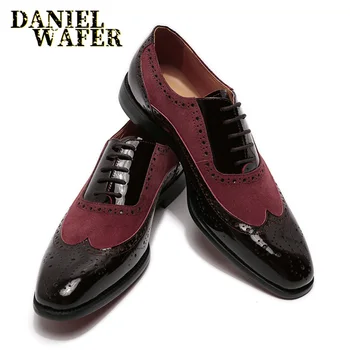 

Italian Luxury Patent Leather Men's Oxford Formal Dress Shoes Suede Pointed Toe Lace Up Wedding Office Casual Leather Shoes Men
