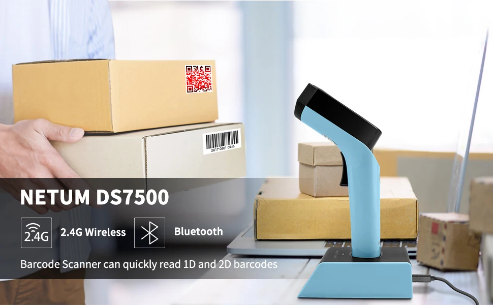 NETUM Bluetooth Barcode Scanner DS7500 Automatic Wireless 2D QR Bar Code Reader PDF417 for Mobile Payment