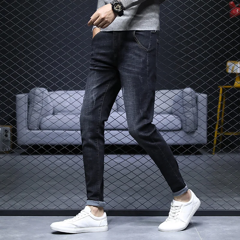 

2019 Autumn And Winter Trousers MEN'S Black Dark Gray Two-color Selectable Korean-style Fit Slim Fit Pants Handsome Jeans
