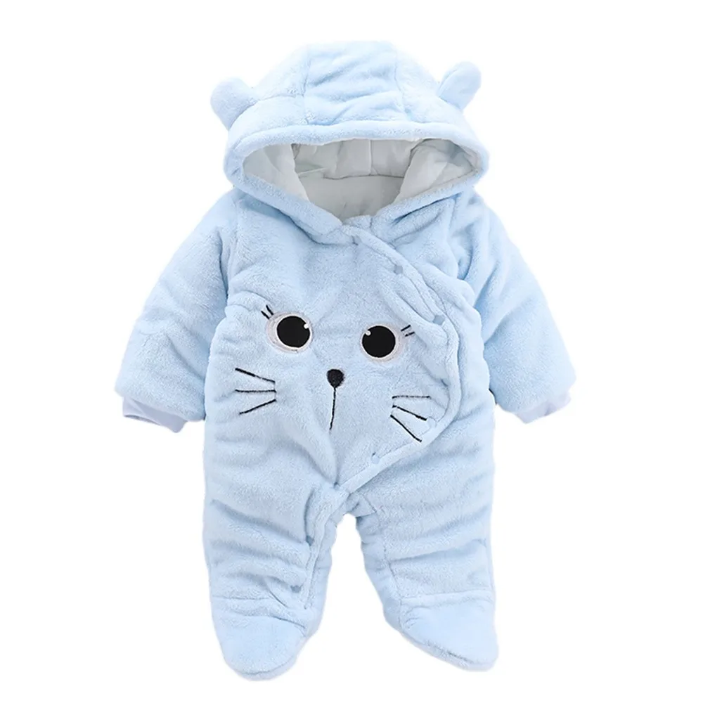 Newborn Baby Girls Boys Solid Cartoon Cat Velvet Hooded Jumpsuit Romper Clothes Jumpsuit One pieces Romper HOOLER - Цвет: Light Blue