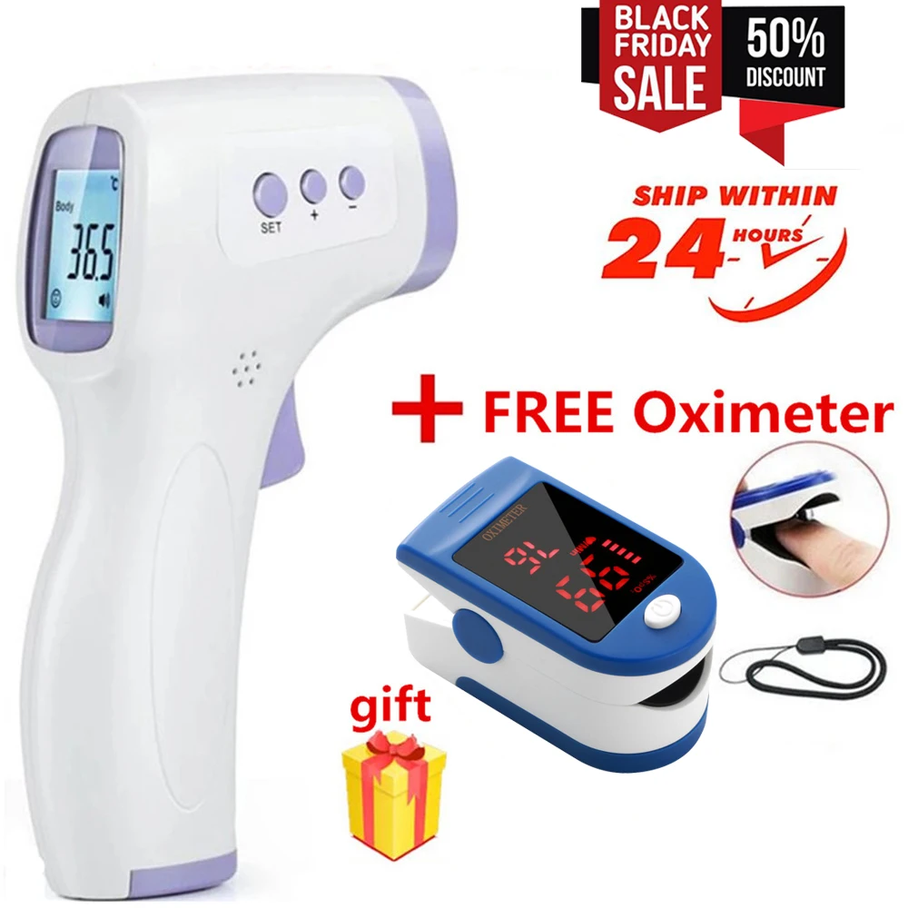 Termómetro infrarrojo Digital LCD sin contacto para bebés y adultos, pistola de temperatura + oxímetro de pulso para la yema del dedo