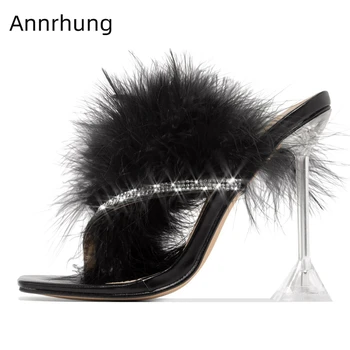 

Clear Crystal High Goblet Heel Women Slippers Jeweled Diamond Fur Feather Decor Flip Flops Rhinestone High Heel Shoes