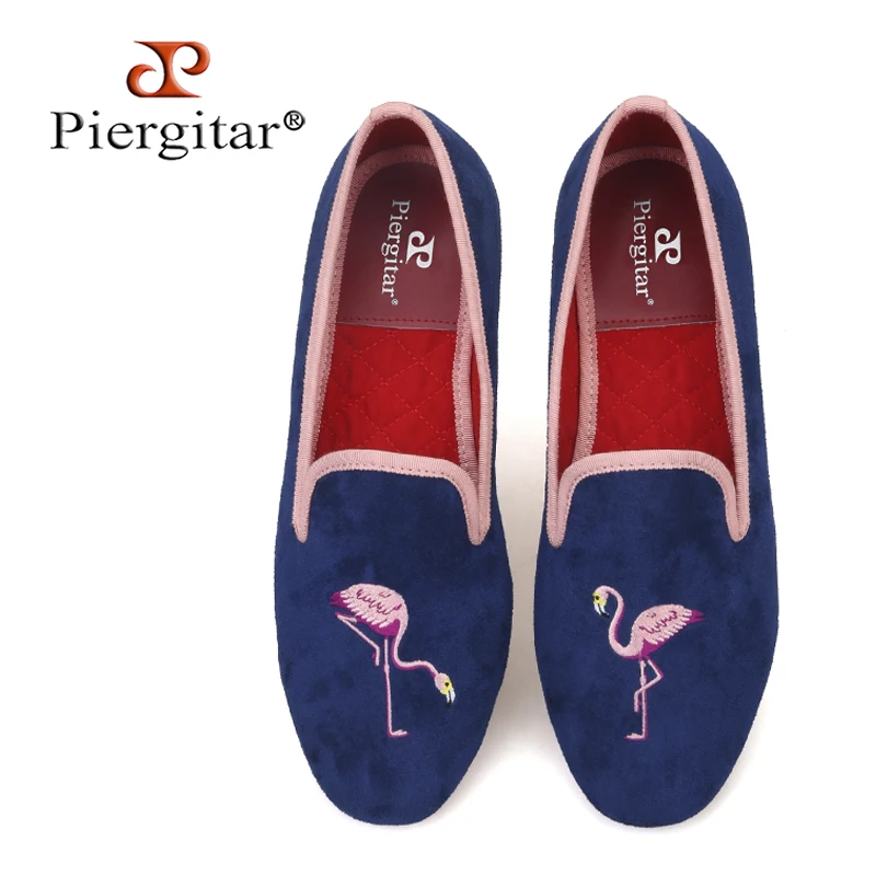 

Piergitar 2021 New Style Cow Suede Women's Loafers Flamingo Embroidered Women Flat Shoes Red Outsole Slip-On Ladies Casual Shoes