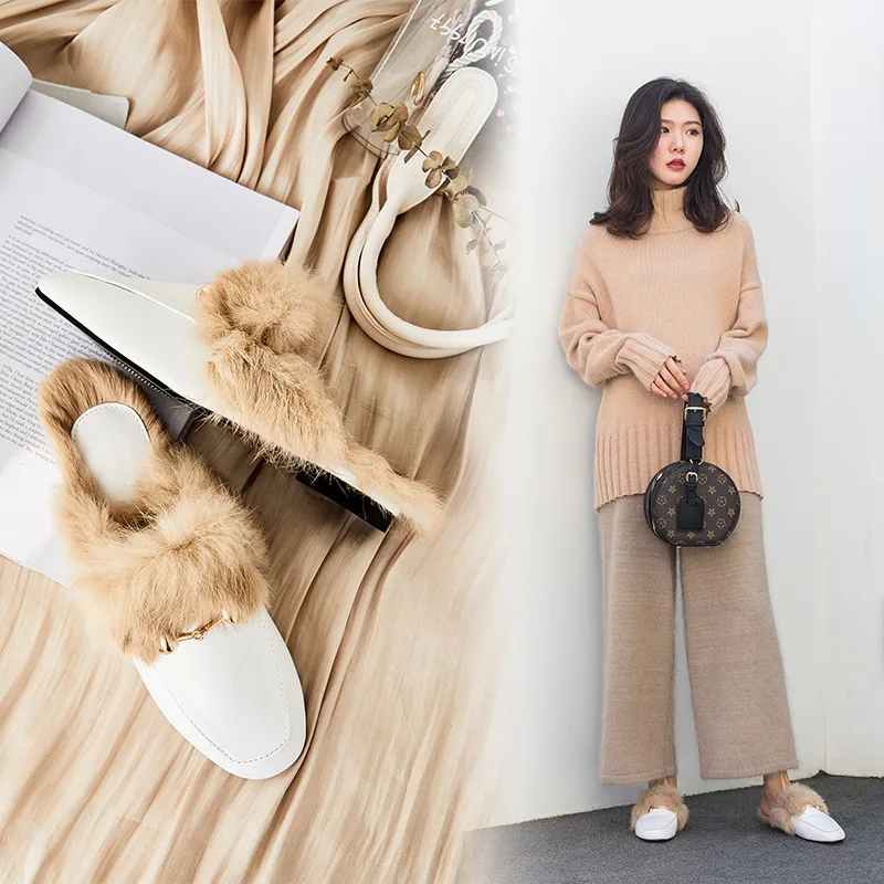 

2019 Spring New Style Plush Slipper Women's Outer Wear Fashion Genuine Leather Soft Leather Versatile Slipper Horsebit Buckle Pu