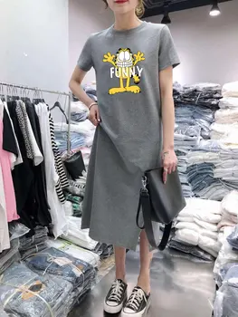 

2020 Summer Funny Dress Women Cartoon Print Garfield Casual Loose Gray Black Dress Women Clothing Big Size Harajuku Dress Ladies